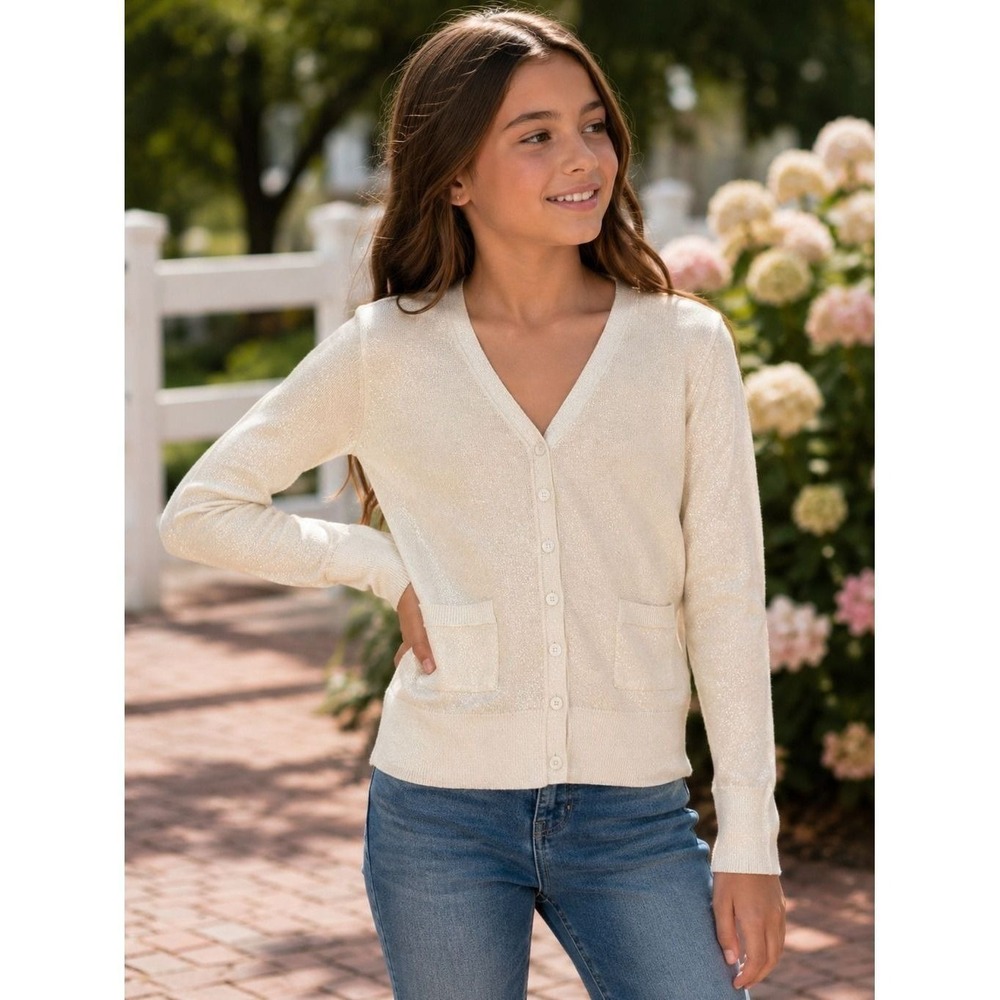 Ruby & Bloom Girls Ivory Shimmer Button Cardigan Sweater Size M 10/12 Knit Top